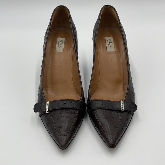 Furla Ostrich Brown Leather Pointed Toe Heels - Picture 2 of 9